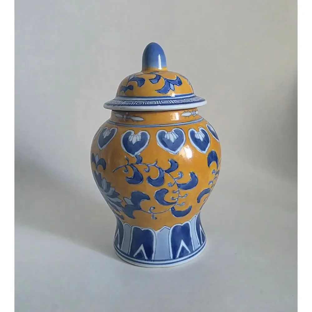 Blue Yellow Ginger Jar Canister with Lid Floral Heart Motif 7.5